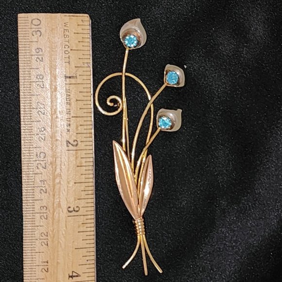 Vintage Van Dell Brooch - Flowers with Blue Rhinestones 1/20 12 KT Gold Filled - Picture 2 of 5